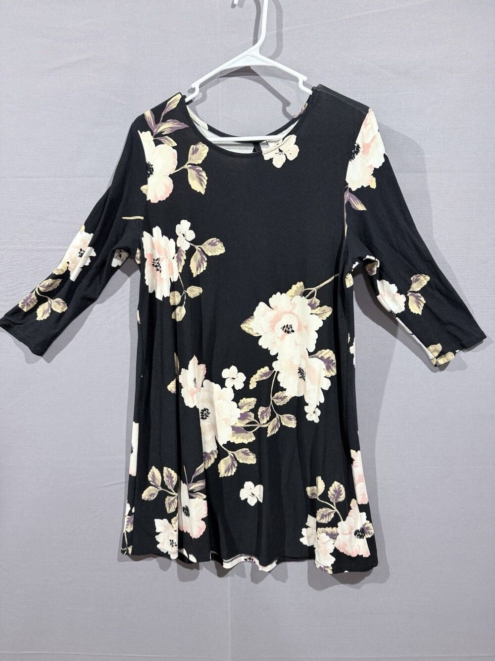 Bobbie Brooks Black Large Floral Print Casual Slip On 3/4 Sleeve Dress